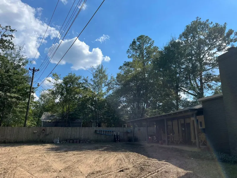 Same fenced backyard after the marked trees were removed and the area cleared