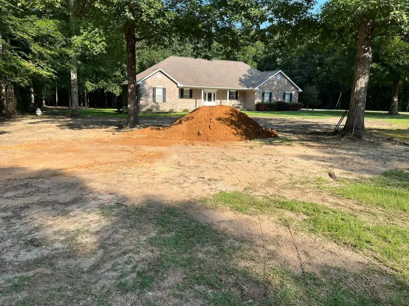 Yard after stump grinding, with a mound of fresh soil and wood chips where a stump stood